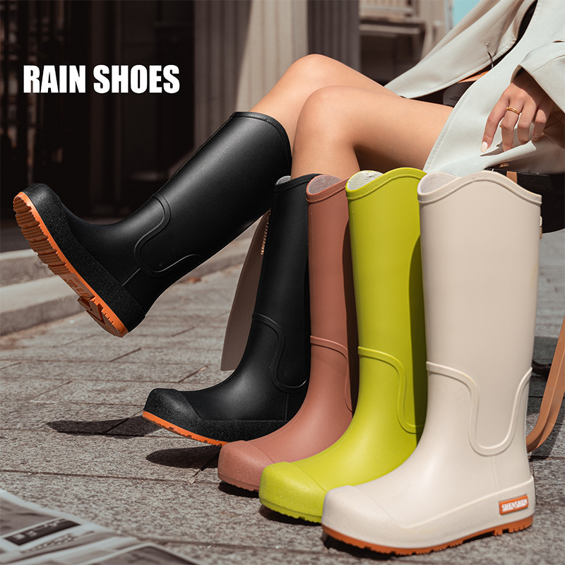 Fashion Trend Rain Shoes Women's Waterproof Non-slip High Barrel Rain Boots Adult Camping Work Wear-resistant Rubber Shoes Long Barrel Water Shoes