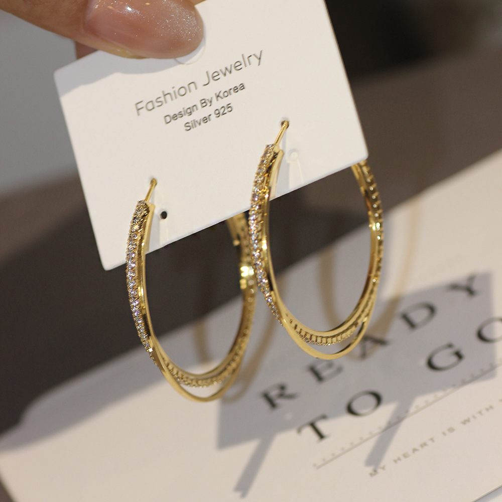 Korean Design Diamond-Encrusted Double-Layer Cross Hoop Earrings for Women Exaggerated 925 Silver Needle Earrings 44170