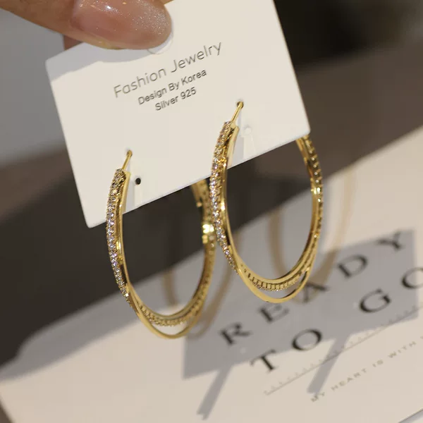 Korean Design Diamond-Encrusted Double-Layer Cross Hoop Earrings for Women Exaggerated 925 Silver Needle Earrings 44170