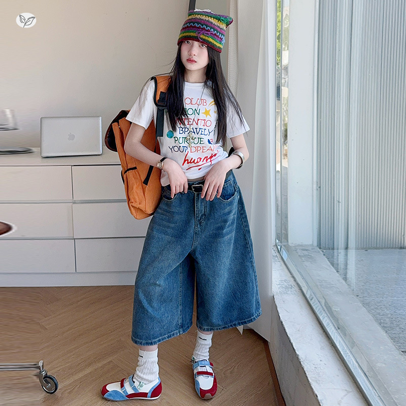 Girls' Summer Outfit 2026 New Letter Print T-Shirt and Cropped Pants Two-Piece Set for Older Children Vintage Jeans