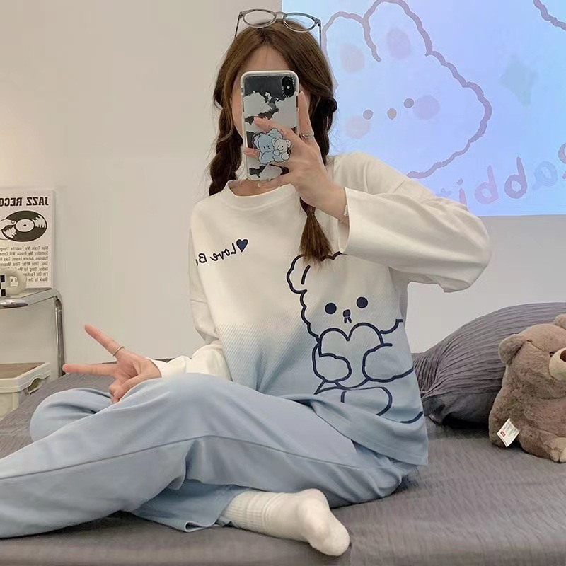 Pijama de manga larga de primavera y otoño simple coreano estilo de estilo avanzado joven suelto cuello redondo en casa otoño y invierno conjunto
