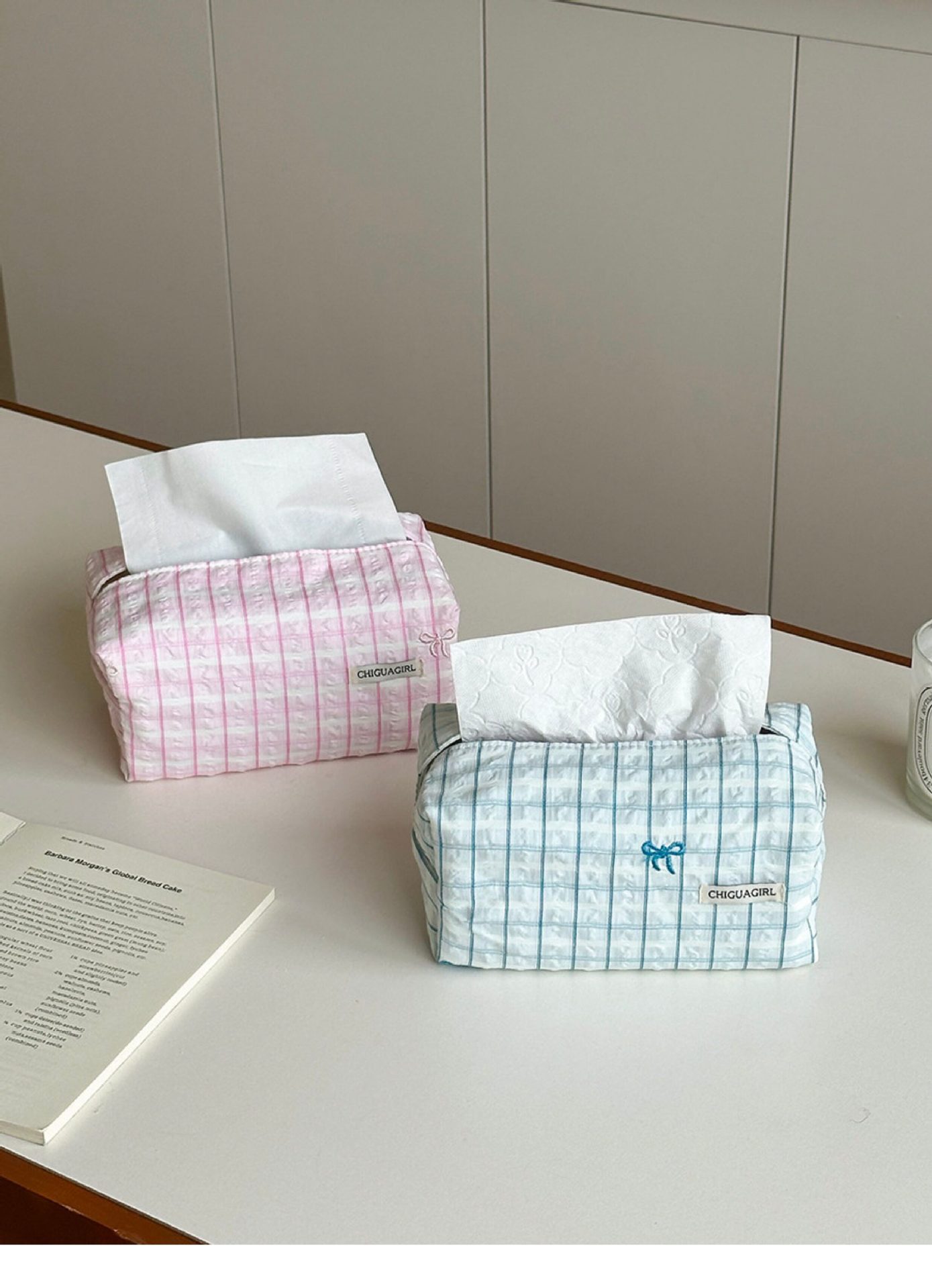 Korean-Style Blue Striped Tissue Box Fabric Tissue Cover with Simple Embroidery, High-End Feel, Desktop Decoration Ornament