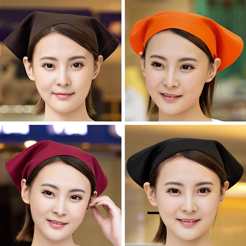 饭店女服务员三角巾工作帽厨师帽厨房餐厅纯色简约包头头巾印logo