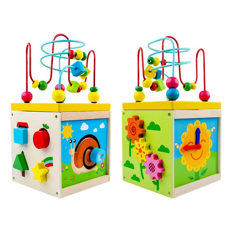 Caja de juguetes multifuncional con cuentas 5 en 1 mini forma cognitiva caja de tesoros de madera para niños bebés y niños pequeños
