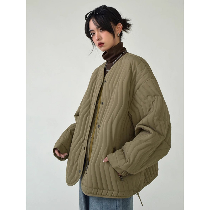 Autumn and Winter Pure Color Light Vertical Quilted Cotton Coat Loose Round Neck Warm Jacket