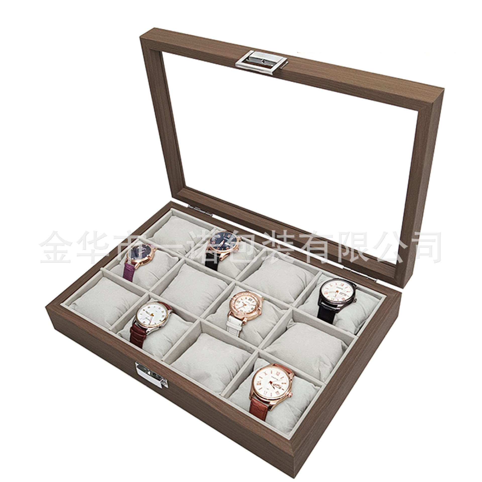 现货批发花梨纹木质12位手表收纳展示盒箱丝棉枕头大小手表可通用