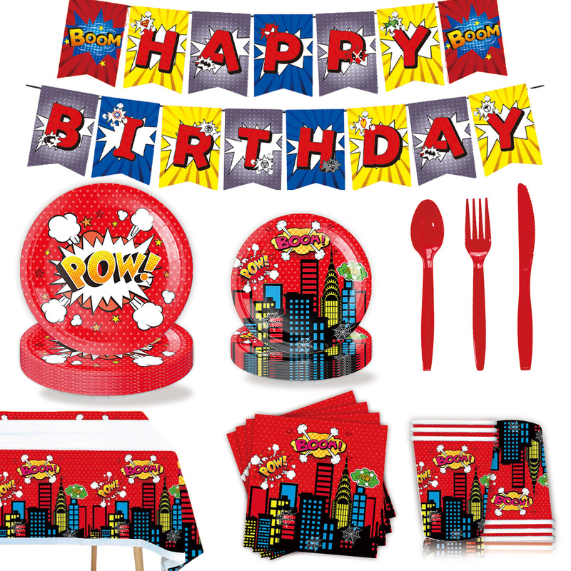Cross-Border New Anime City Hero Spider-Man Themed Party Disposable Paper Plates, Paper Cups, Flags, Tablecloths, and Supplies