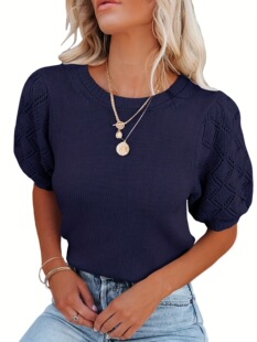 Y 17337 Lightweight Crochet Bubble Sleeve Knit �p�|�hᘿ���