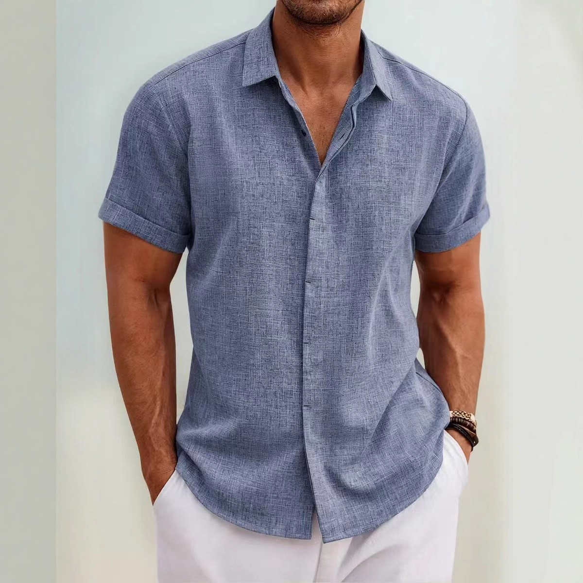 男装亚麻短袖T恤宽松汗衫纯色短袖棉麻衬衫男 沙滩大码男短袖衬衫