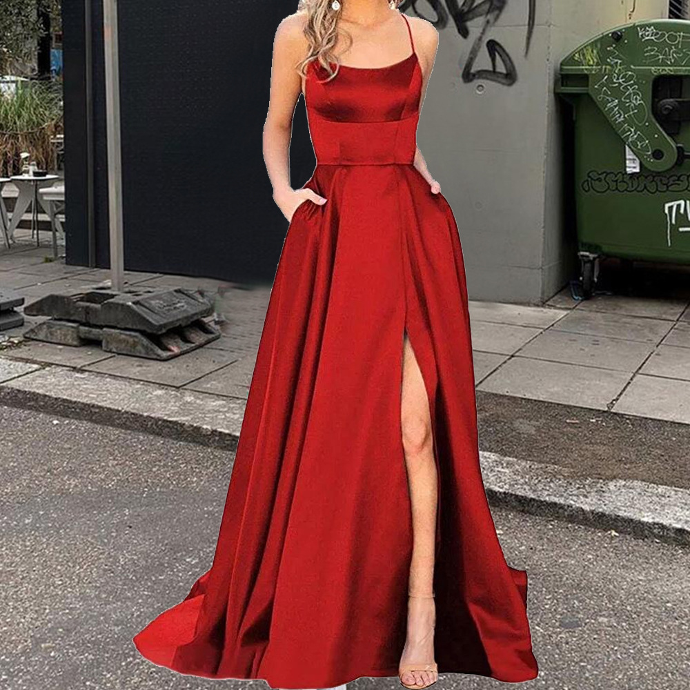 2025 color sólido vestido de dama de honor europeo y americano falda larga delgada sin tirantes novia vestido de noche de grupo de dama de honor de moda de Amazon