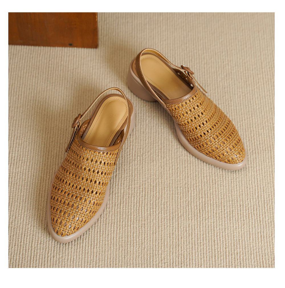 Sandal cao gót nữ mũi nhọn quai chữ T đan dây, gót thô 5 cm — Màu vàng đất chi tiết 13