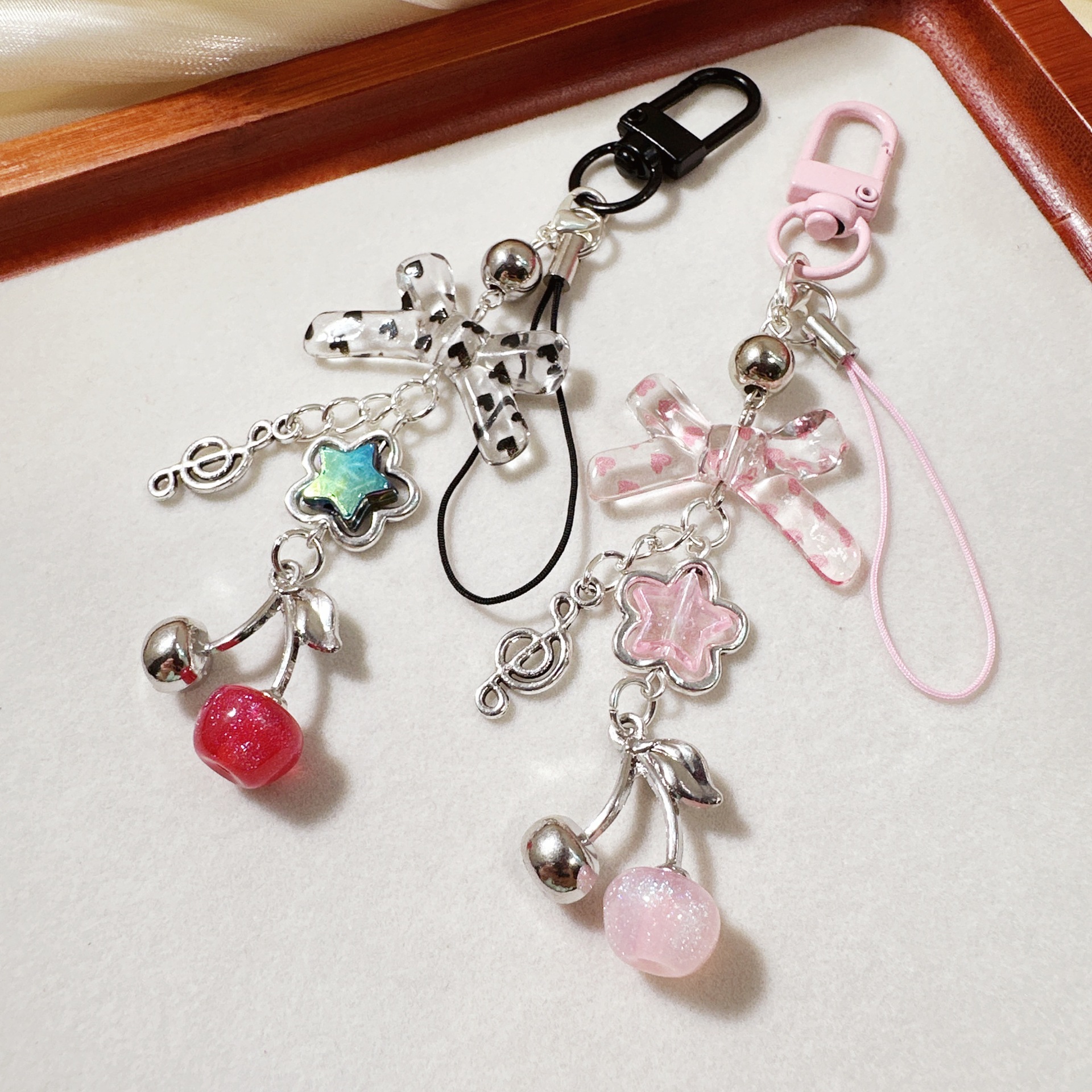 Cross-Border Niche Personalized Polka Dot Bow Cherry Keychain Beaded Bag Chain Pendant Lanyard Mobile Phone Chain