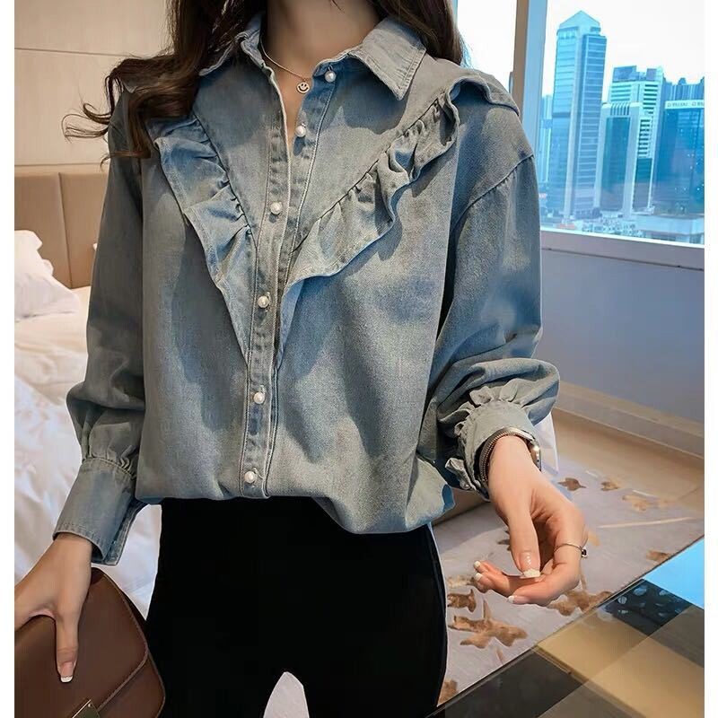 Spring New Korean Style Sweet Ruffled Denim Shirt Women's Loose Slimming Long-Sleeved Top Bottoming Shirt Trbottomy