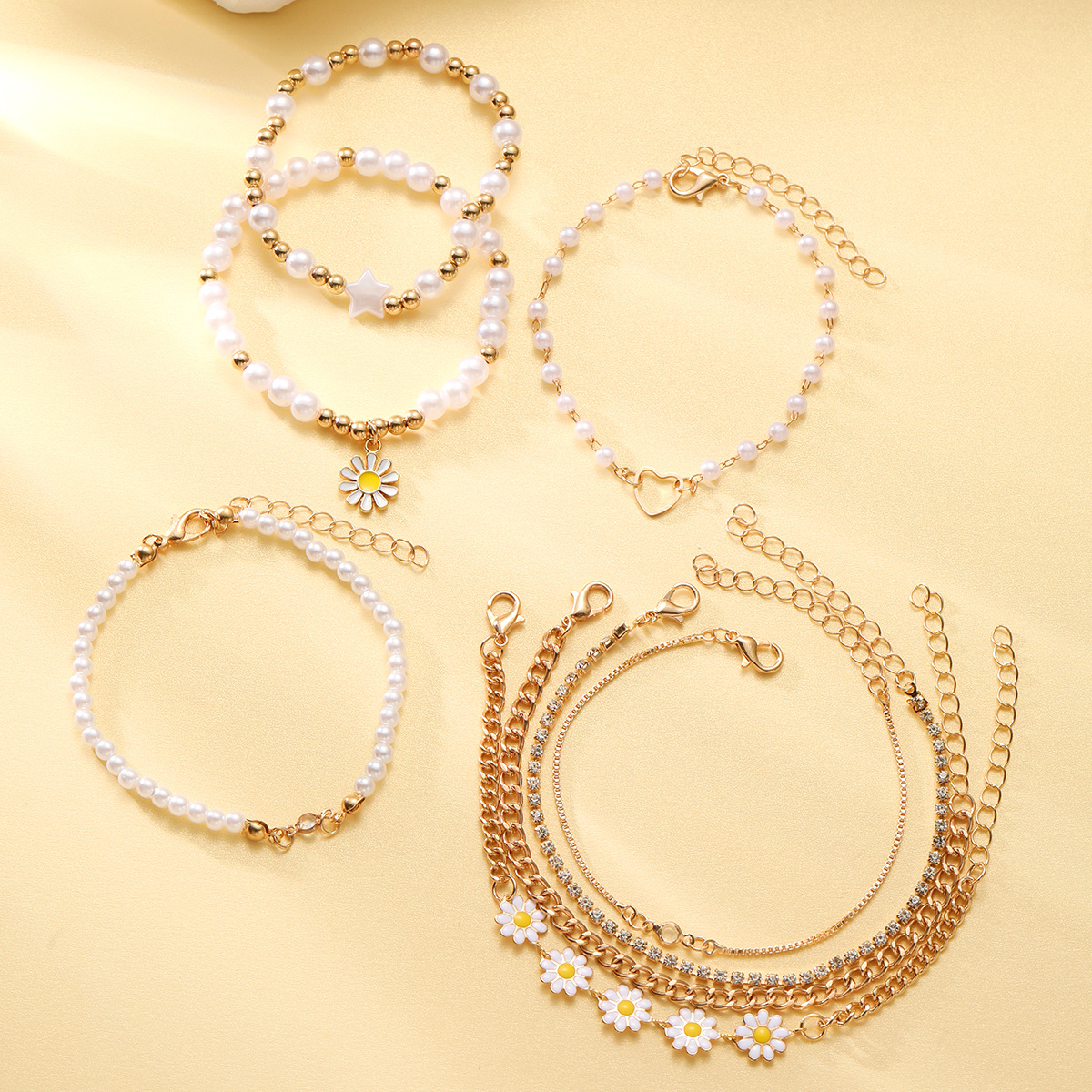 Layered Daisy Pearl Bracelet Set Women Bohemian Beach Jewellery_voghion.com