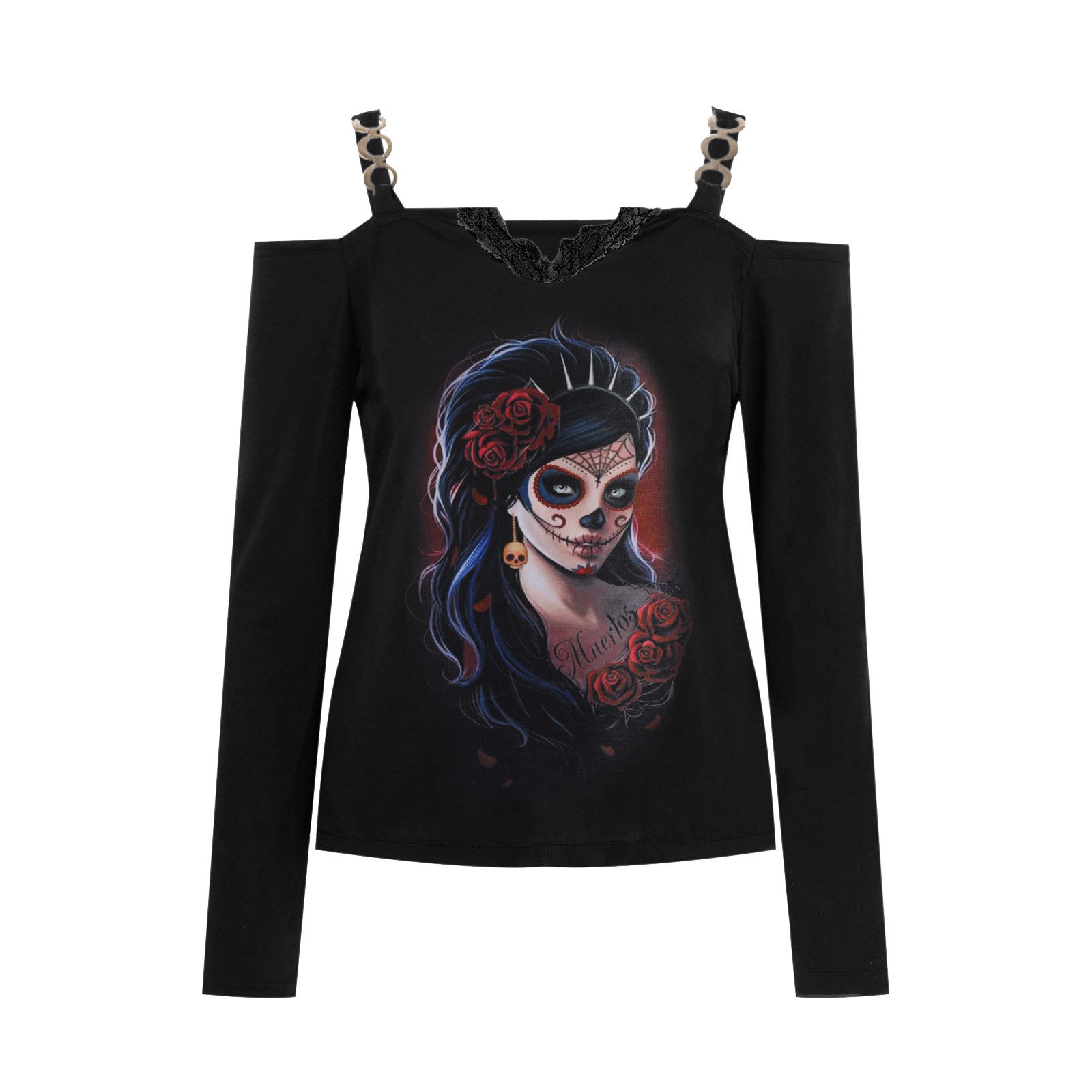 Women's T-shirt Long Sleeve T-shirts Printing Lace Sexy Human Rose Skull display picture 5