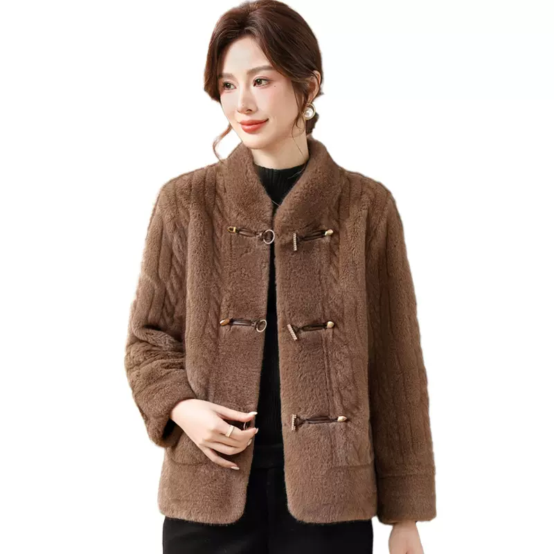 妈妈装2025新款秋冬仿水貂绒新中式外套时尚皮毛一体中老年女衣服