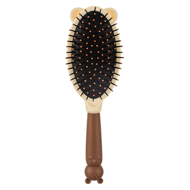 cartoon cat 4‑piece hair care set — brush, mirror, comb, scalp massager, brown