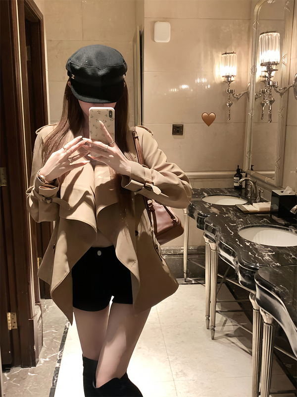 白水籹 北川景子美神蝴蝶结风衣外套 秋季韩系女短款卡其色外套|undefined