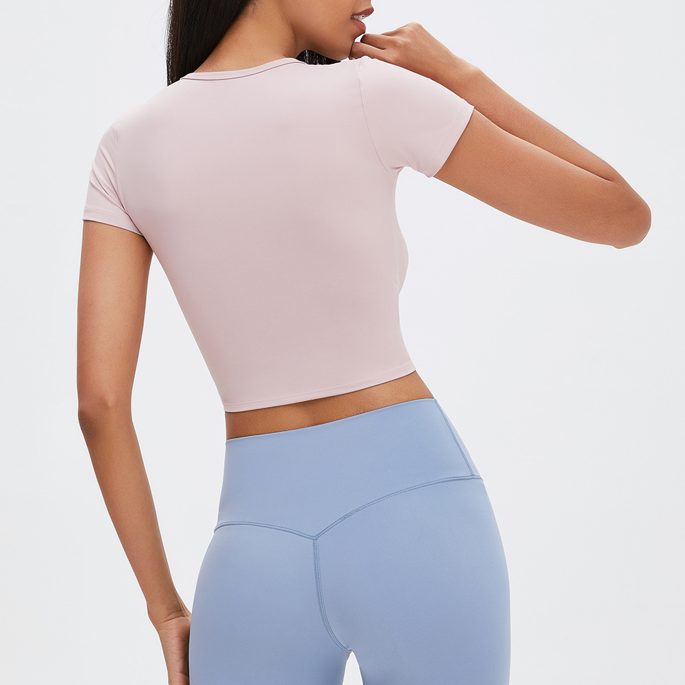 Nueva ropa de yoga transfronteriza ropa de fitness desnuda con cuello en V deportes Top manga corta primavera y verano ligero de secado rápido camiseta de Yoga para Mujeres