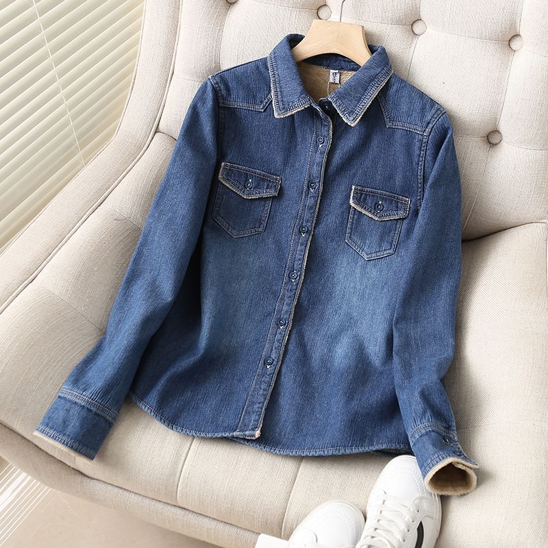 Dameklær mote pluss fløyels varm denimskjorte dame langermet allsidig avslappet tyk skjorte topp trend_voghion.com