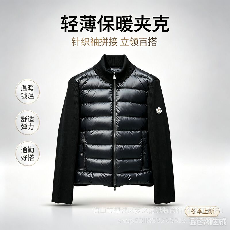 Autumn and winter foreign trade men's lightweight down cotton jacket with knitted panels and stand-up collar, slim fit jacket Autumn and winter foreign trade men's lightweight down cotton jacket with knitted panels and stand-up collar, slim fit jacket