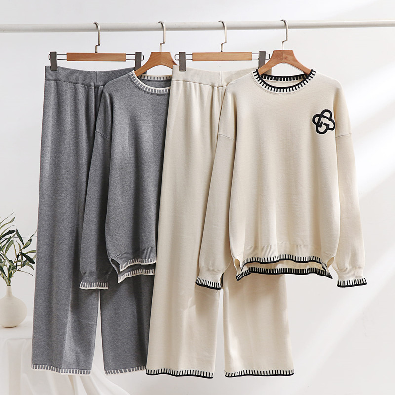 Damen Strick Pullover Zweiteiler Mit Stickerei Und Weiter Hose_voghion.com