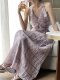 Platycodon grandiflorum French retro neck hanging dress 2024 new women's summer purple suspender skirt seaside holiday dress