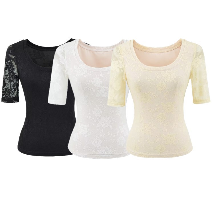 Lace Short-Sleeve T-Shirt for Women 2026 New Summer U-Neck Slim Fit Slightly Sheer Sexy Mid-Sleeve Top Base Layer
