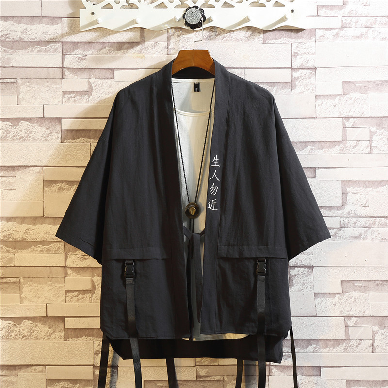 Japanese Style plus size Robe Summer New Arrival Seven-Sleeve Embroidered Ribbon Loose Hip-Hop Fashionable Short-Sleeved Shirt for Men Japanese Style plus size Robe Summer New Arrival Seven-Sleeve Embroidered Ribbon Loose Hip-Hop Fashionable Short-Sleeved Shirt for Men