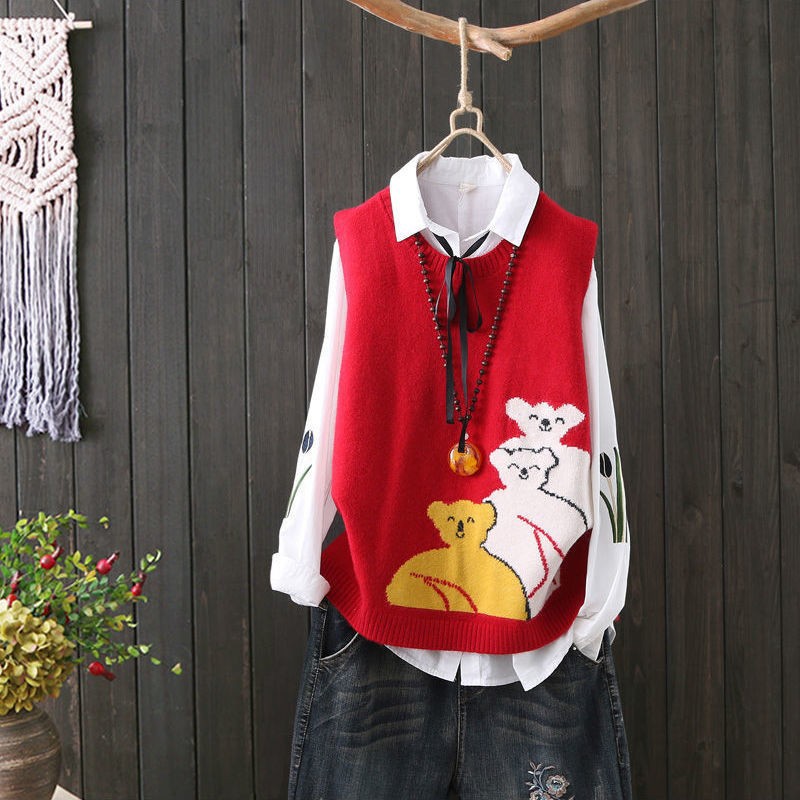 Chaleco de las mujeres de punto cuello redondo chaleco Chaleco Corto oso suéter chaleco Otoño e Invierno superior suéter de las mujeres ropa de mujer suelta image 10