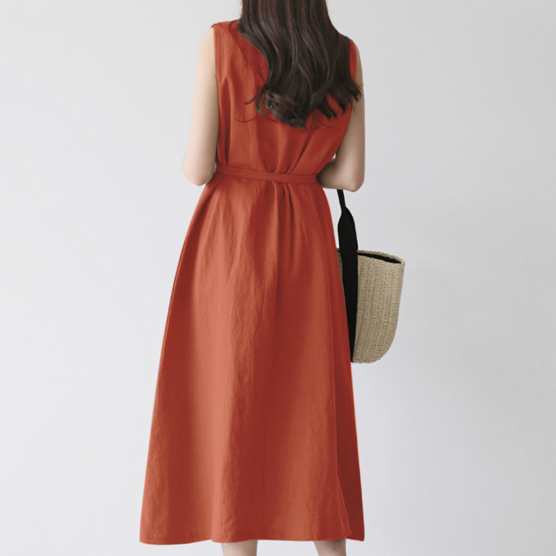European And American Cross-border Women's Fashion Loose Bohemian Sleeveless Round-neck Solid Color Cotton-linen Long_ecoleips.com