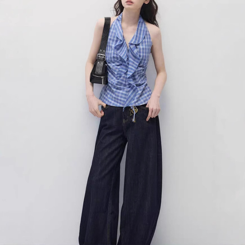 Annatto Urban Romance Summer Design Blue Plaid V-Neck Halter Vest Top Jeans for Women