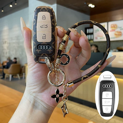 Suitable for Audi A6L Key Cover, A3 Dynamic Type, A7L High-End Model, Q6 Black Warrior Key Fob, A8/Q7/Q8/Q4 Full Cover (Car key bag) - type-d-key-cover-light-luxury-long-chain