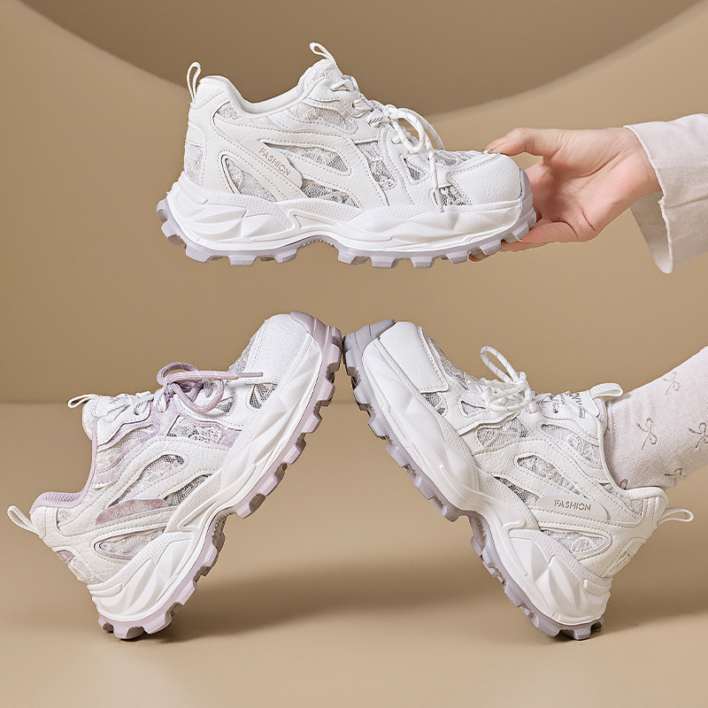Women's Sneakers 2026 New Model Summer Breathable Casual Shoes Thick-Soled Height-Increasing Shoes Lace Mesh Dad Shoes