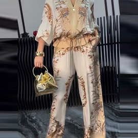 亚马逊跨境2025夏季欧美外贸新款女装时尚休闲印花上衣长裤套装女