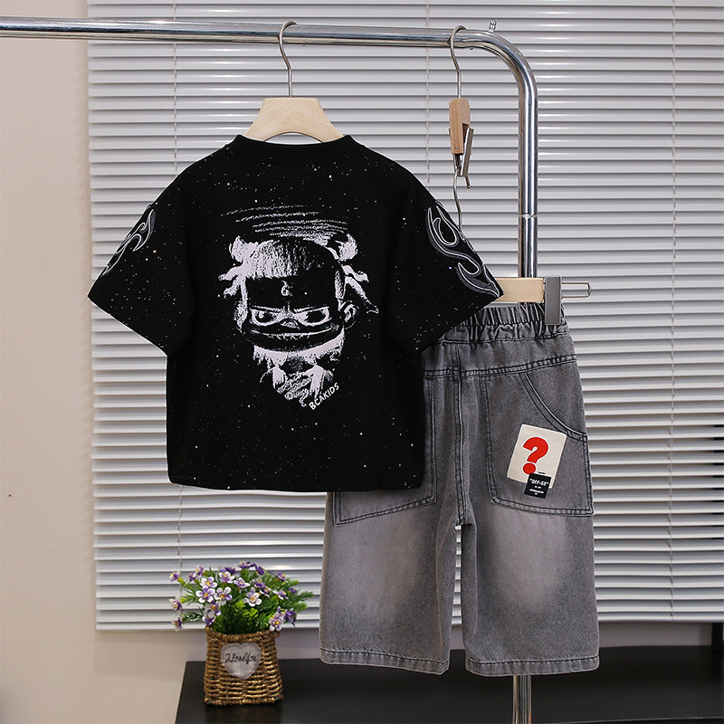 7252 Traje de manga corta para niños Camiseta de moda nacional de verano para niños Cool y guapo, estilo occidental, ropa para niños 2025 nuevo estilo delgado