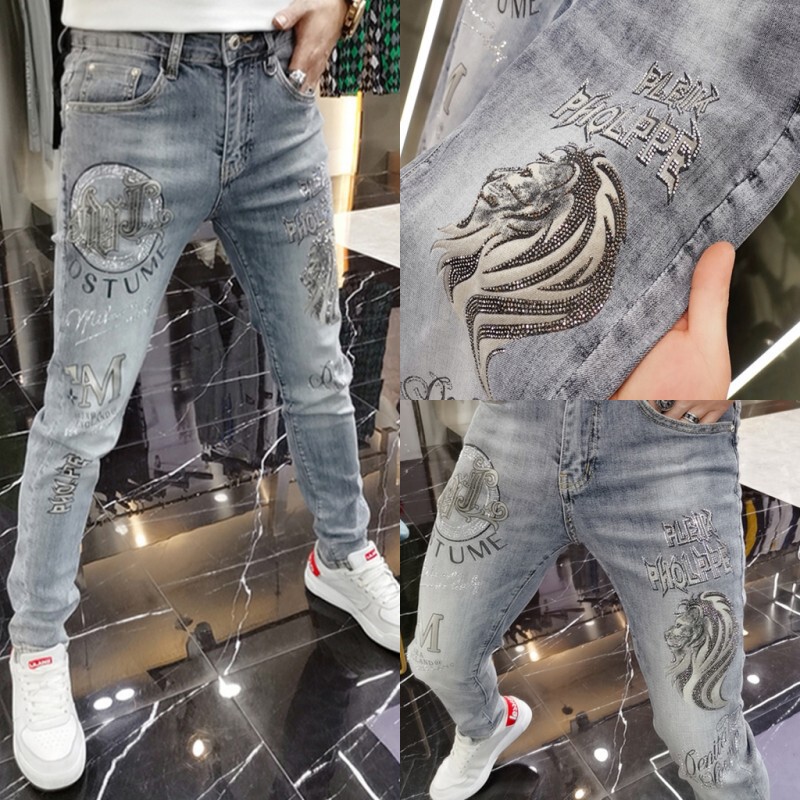 Autumn European Station Stretch Jeans Men's Heavy Industry Hot Drilling Printed Trendy Brand Handsome Casual Slim-fit Small Foot Long Pants