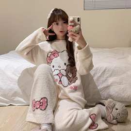 HelloKitty凯蒂猫圆领半边绒睡衣女冬款加绒加厚可外穿家居服套装