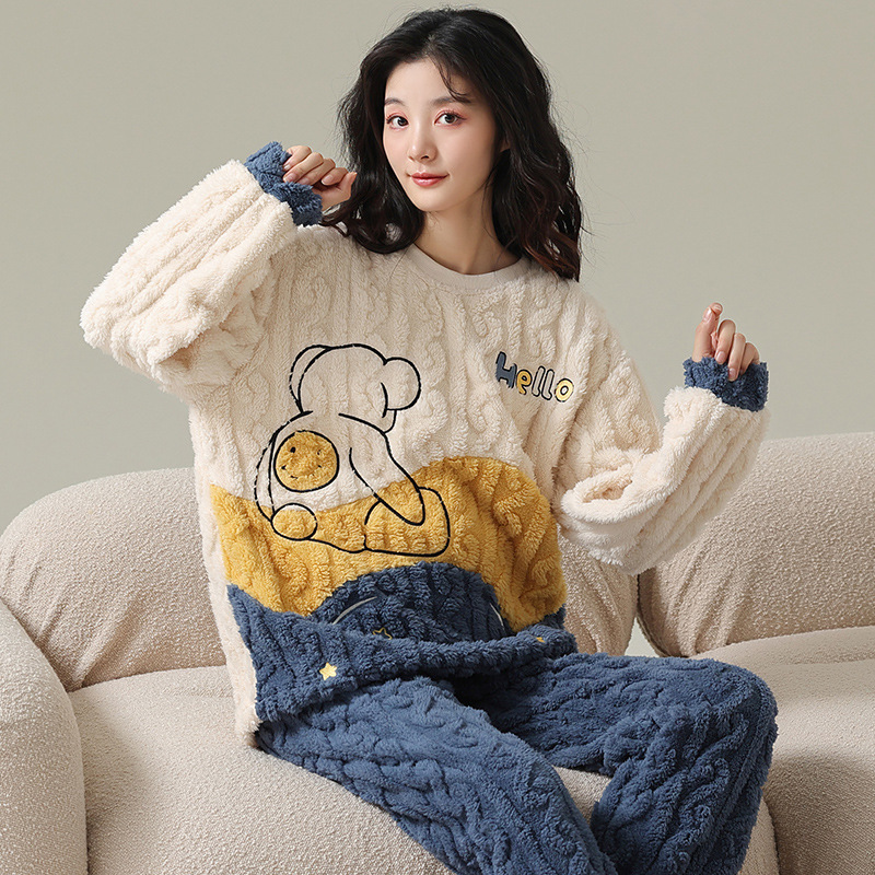 Pijamas de vellón de coral para mujer Otoño e Invierno engrosada franela forrada de vellón ropa para el hogar traje de dos piezas para mujer dibujos animados lindo