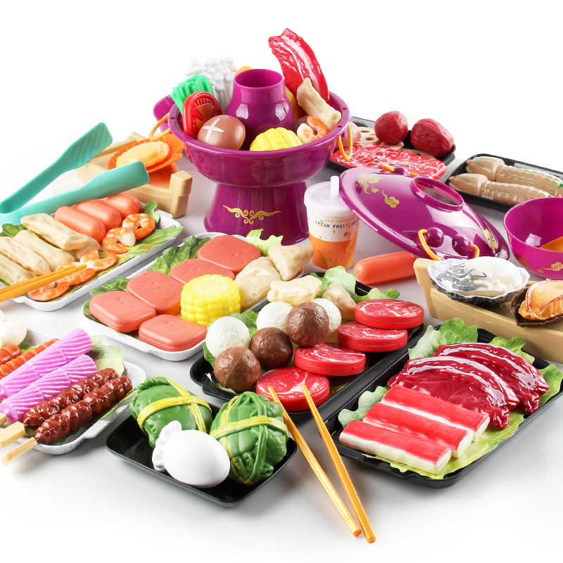 Casa de juego de los niños juguetes de cocina olla caliente brochetas barbacoa traje pequeño olla caliente brochetas ingredientes utensilios de cocina caja de color