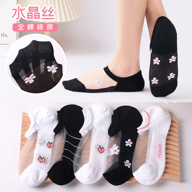 Women's socks wholesale thin mesh small flower air conditioning socks black and white glass Silk card stockings low-top boat Socks invisible socks