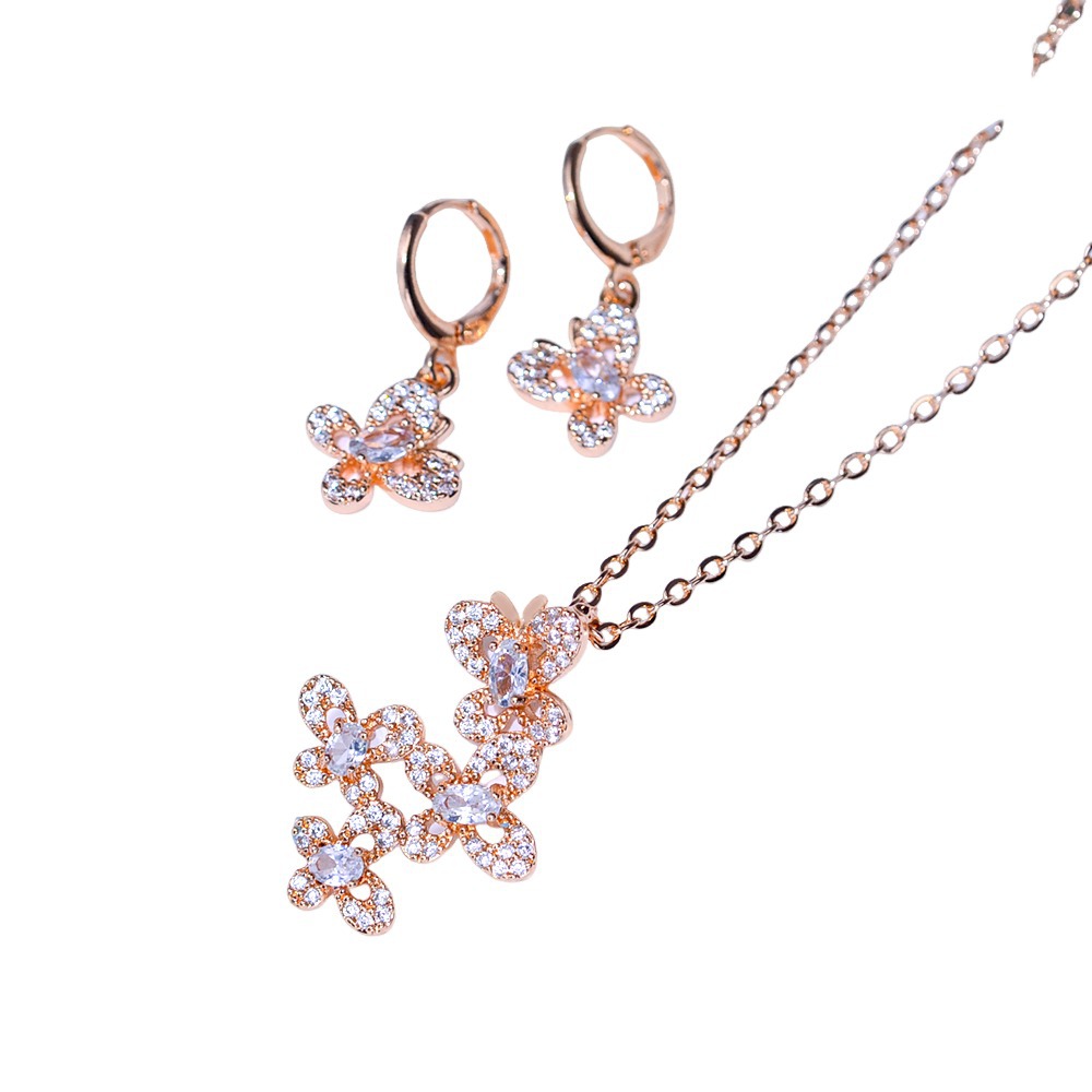 Diseño de mariposa popular transfronteriza aretes de zircon collar conjunto de joyería para mujeres pendientes de aretes de zircon colgante joyas exquisitas para mujeres