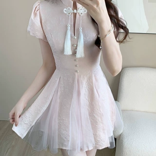 新中式国风改良旗袍短袖连衣裙子女夏季高级感气质收腰仙女蓬蓬裙