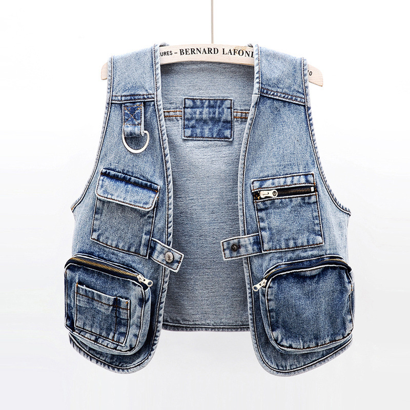 Spring and Summer Korean Style All-match Fashion Multi-pocket Denim Vest Women's Short Vest Vest Jacket Jacket Top