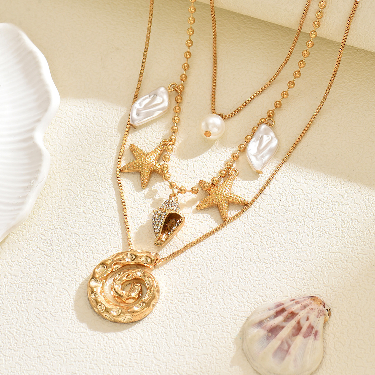 Seaside Shell Hot Selling Fashion New Beach Starfish Irregular Spiral Pendant Multi-layer Stacking Vacation_voghion.com