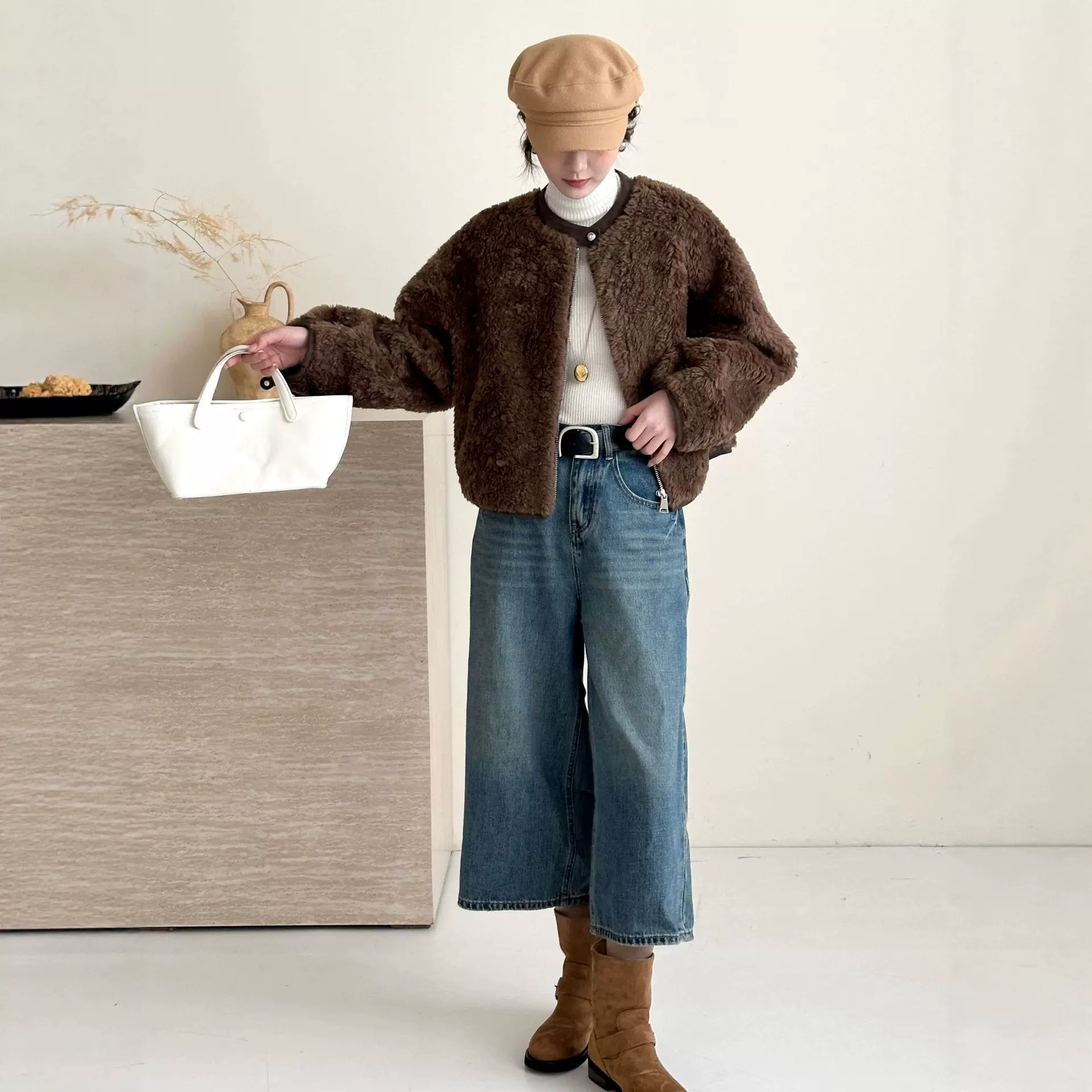 仿羊毛颗粒圆领拉链开衫落肩袖斜口袋麂皮绒环保貂大衣外套女秋冬