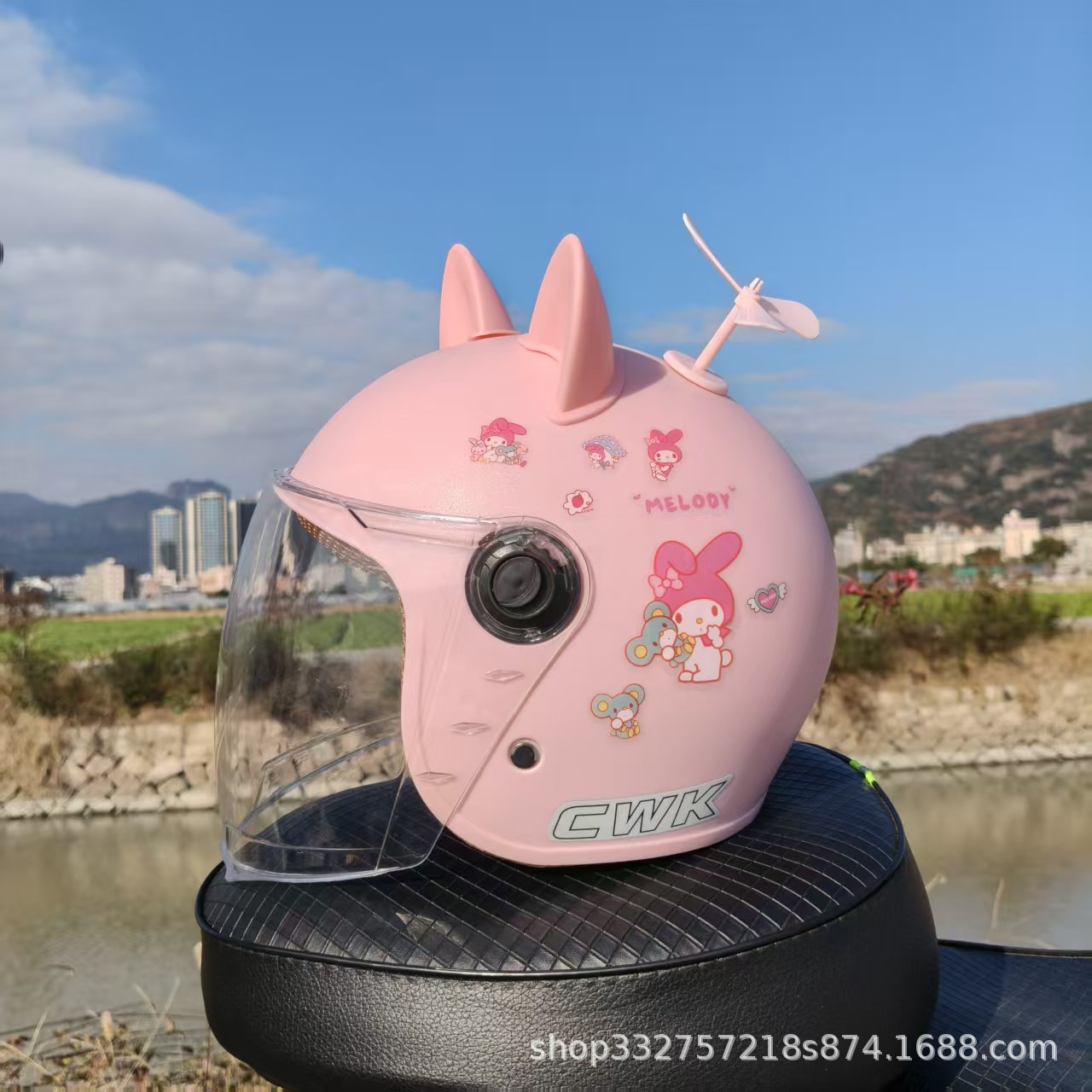 Motosiklet kaskı (dəbilqə) — Motuoche Motorcycle Helmet - peach-pink-melody-hd-long-visor-pink-cat-ears-pink-windmill-1-5-years-old-toddler-winter-helmet