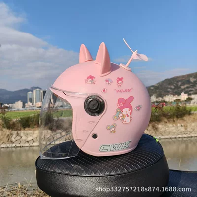 Motosiklet kaskı (dəbilqə) — Men's and Women's Winter Half Helmet - peach-pink-melody-high-definition-long-mirror-pink-cat-ears-pink-windmill-fall-and-winter-helmet-for-children-aged-1-5-years-old