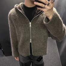 美式cleanfit海马毛开衫拉链男士连帽外套设计感毛衣潮流宽松情侣