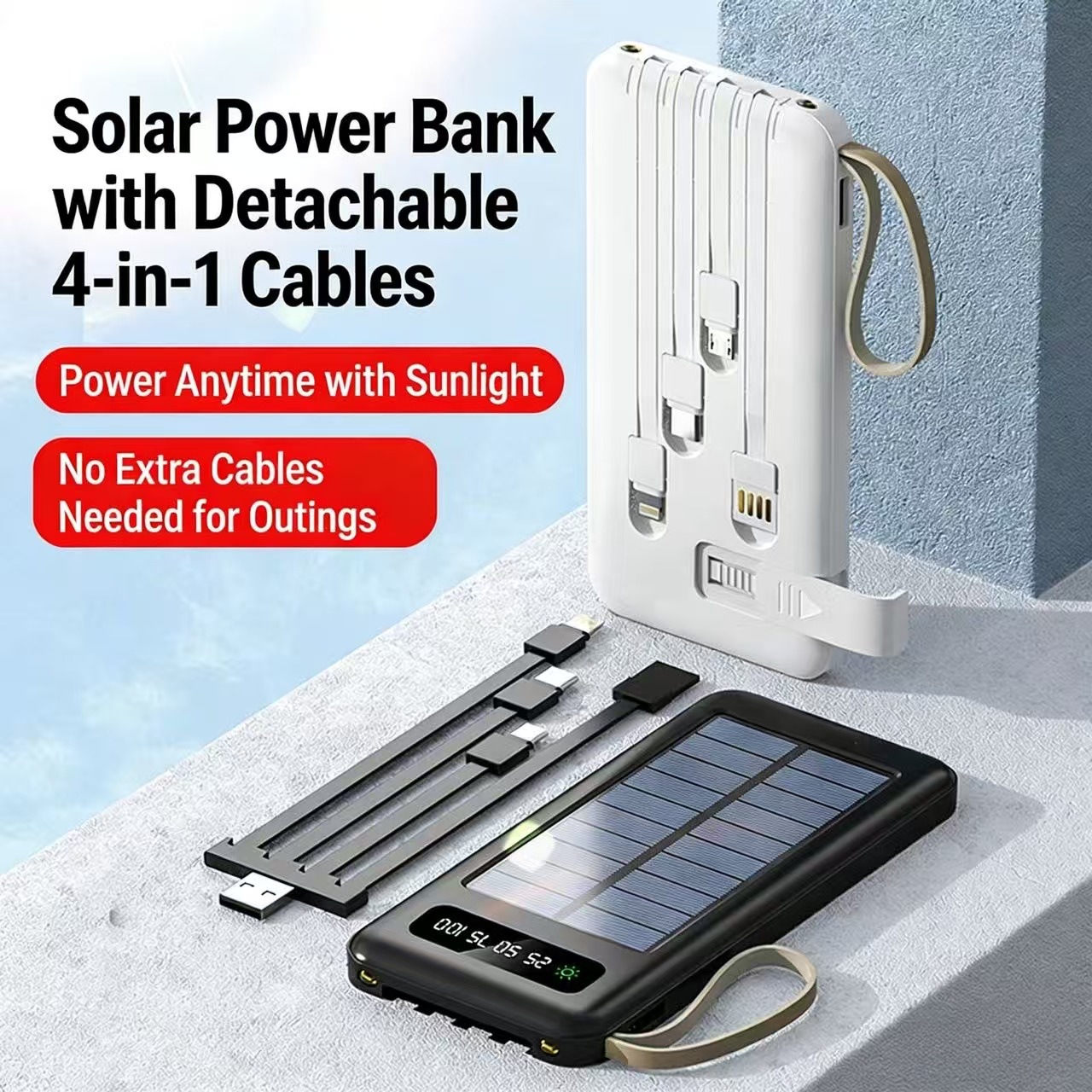 Power Bank Solar-Powered Ultra-Large Capacity 50,000 Mah Portable Customized Cross-Border with Built-In Cable Power Bank
